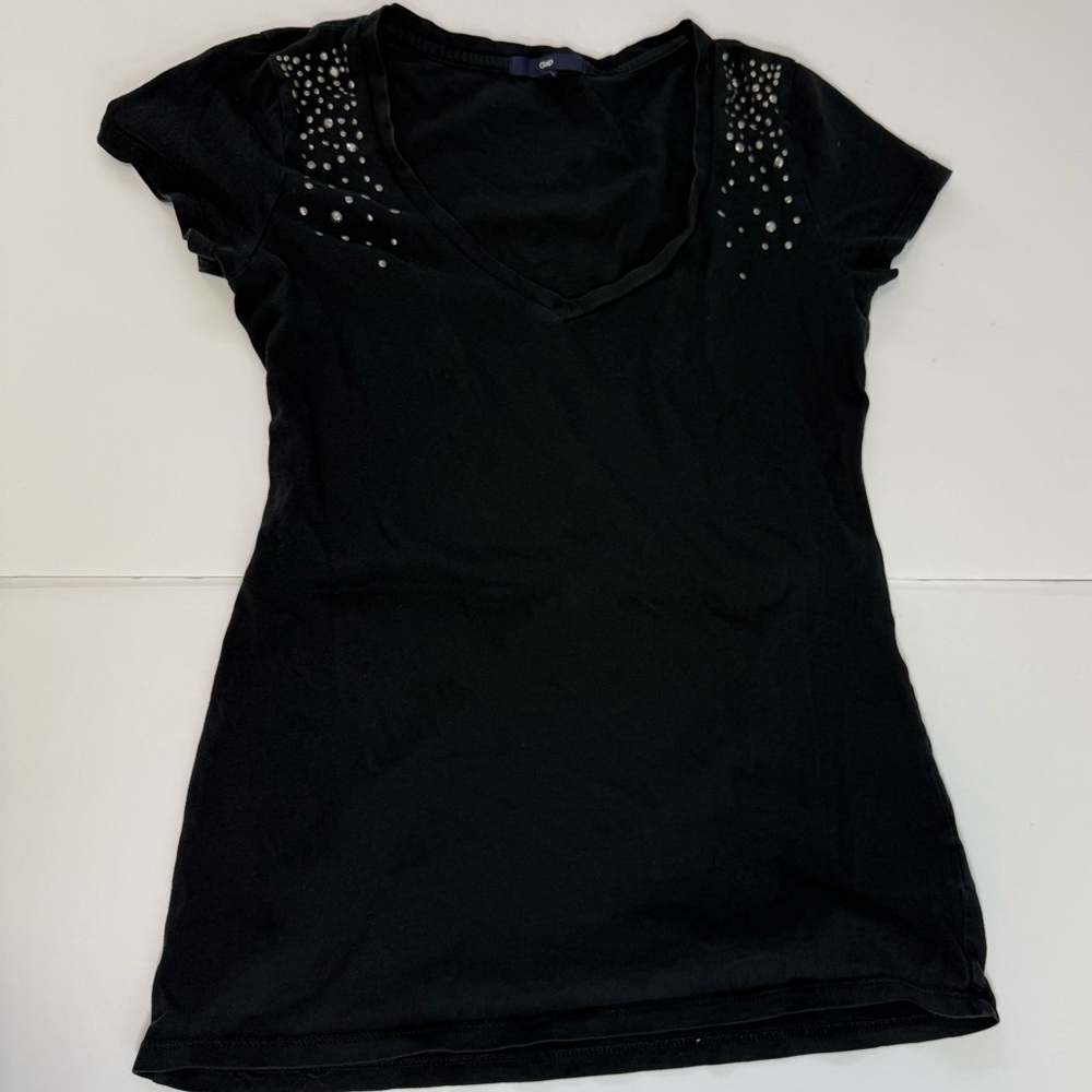Gap Black Pima Cotton Studded V-Neck Tee XS Fitted Short Sleeve